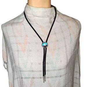 American Western Cowboy Bolo Tie 3D Tropical Beach Concho Charm Silver Tone Blue